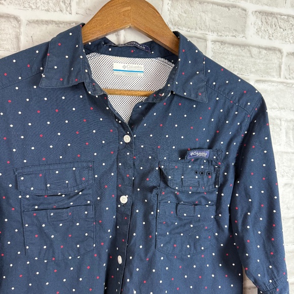 Columbia PFG Super Bonehead Navy Blue Polka Dot Fishing Shirt Womens MEDIUM - Picture 1 of 10